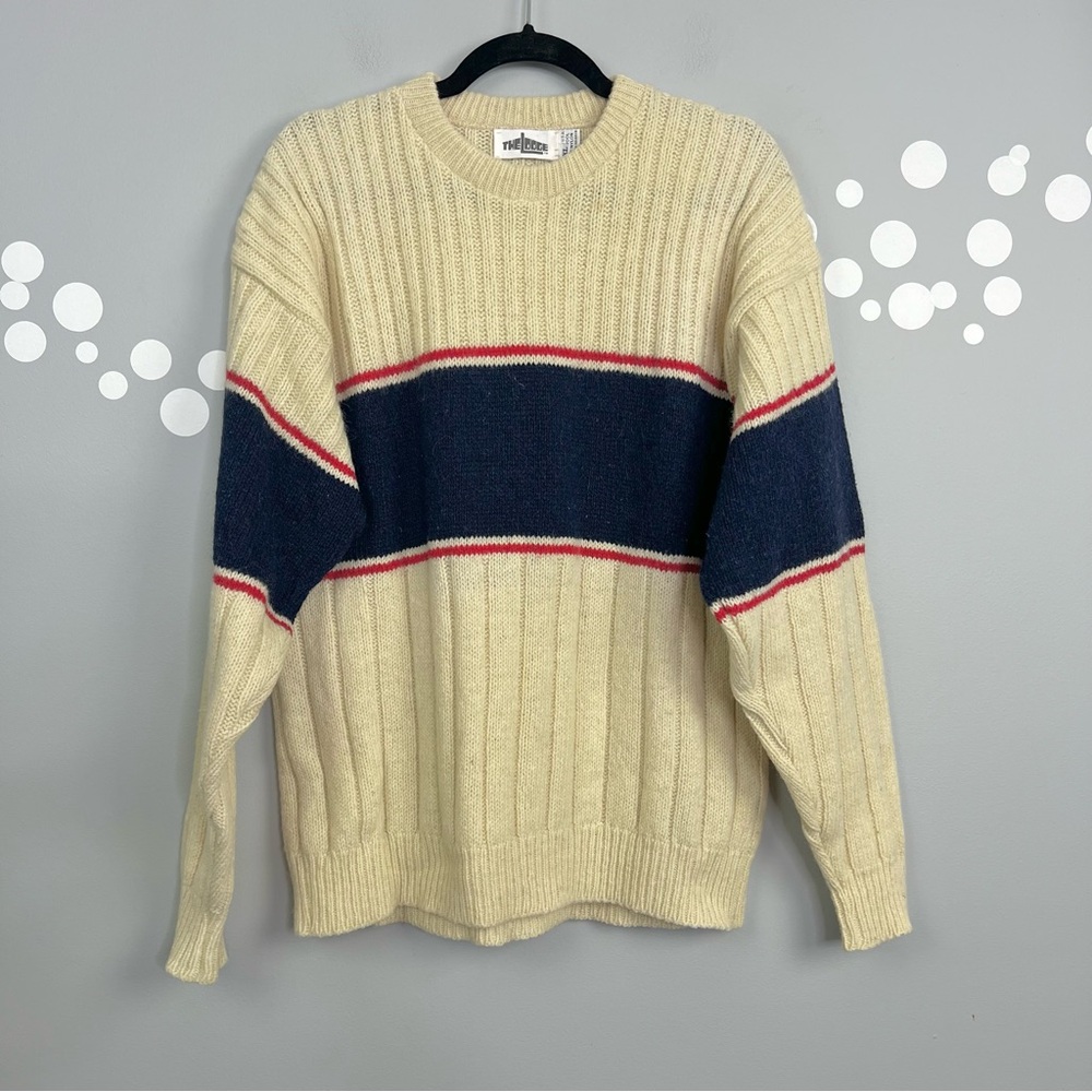Vintage The Lodge Wool Sweater Size XL Knit Navy Stripe Crewneck Pullover